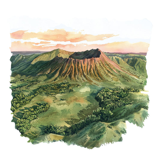 watercolor painting, volcanic crater, tropical landscape, green foliage, peach sunset, coral clouds, mountain scenery, nature illustration, fabric panel, quilting cotton, hawaiian theme, aerial view, lush vegetation, warm earth tones, scenic vista, tropical paradise, artistic rendering, landscape design, sunset lighting
