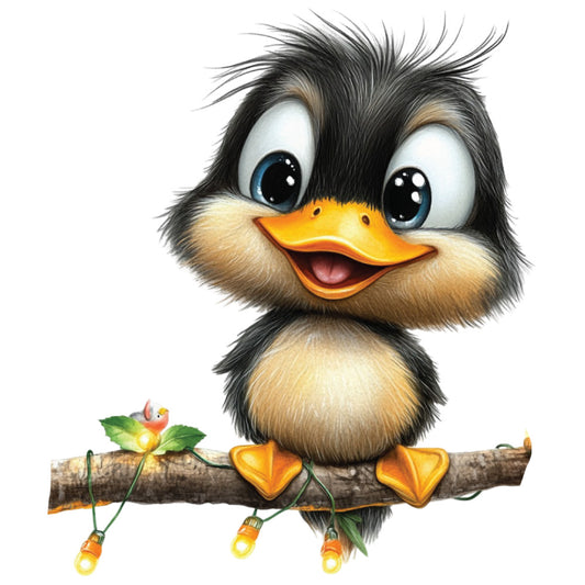 whimsical duck, baby duckling, fuzzy feathers, orange beak, large eyes, tree branch, christmas lights, holiday theme, adorable character, cartoon style, black feathers, yellow chest, fabric panel, quilting cotton, cute animal, festive decor, winter theme, playful design, children's fabric, nursery panel