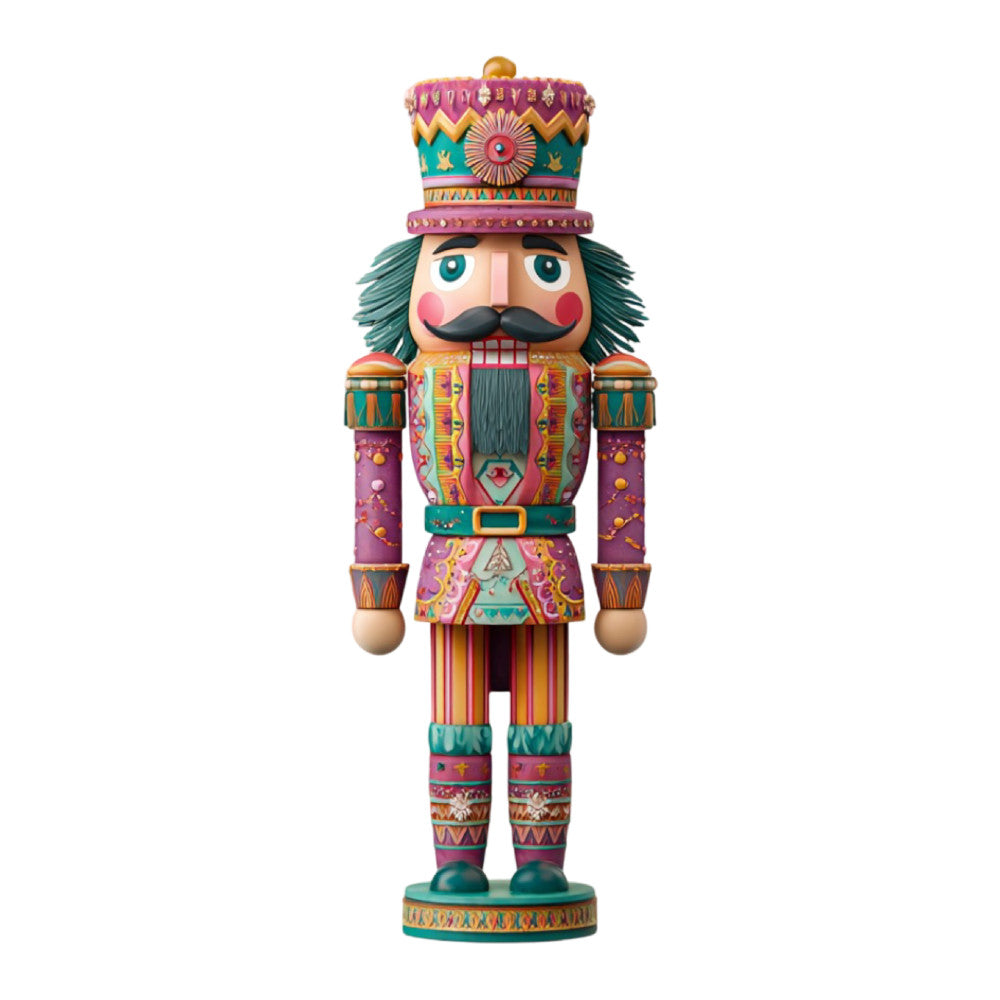 nutcracker, soldier, holiday, christmas, festive, whimsical, traditional, teal, magenta, gold, coral pink, deep purple, geometric, ornamental, decorative, embellished, marching band, toy soldier, vintage, classical, detailed pattern, jewel tones, striped, festive decoration, seasonal, winter celebration, theatrical, colorful, dimensional design