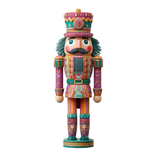 nutcracker, soldier, holiday, christmas, festive, whimsical, traditional, teal, magenta, gold, coral pink, deep purple, geometric, ornamental, decorative, embellished, marching band, toy soldier, vintage, classical, detailed pattern, jewel tones, striped, festive decoration, seasonal, winter celebration, theatrical, colorful, dimensional design