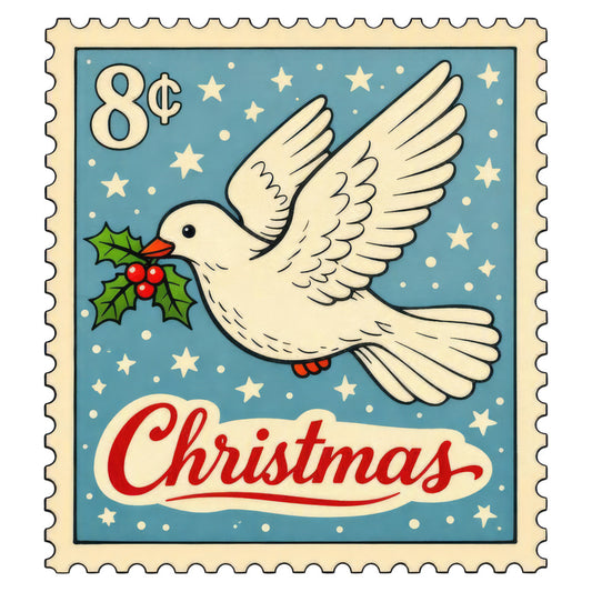christmas, holiday, dove, peace, vintage, retro, cream, blue, red, green, stars, celestial, holly, berries, religious, traditional, whimsical, nostalgic, stamp design, postage stamp, winter, seasonal, spiritual, angelic, classic, illustration style, children's, festive