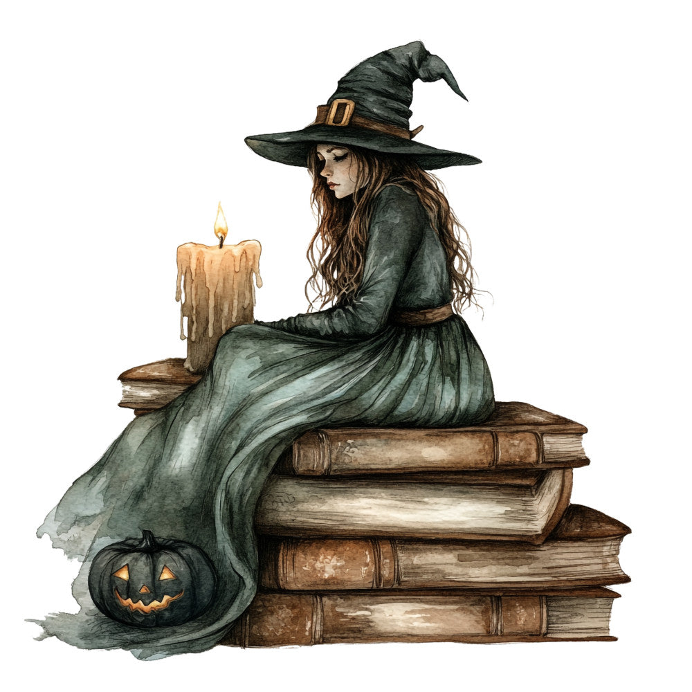 watercolor style, witch character, sage green, forest green, brown tones, cream colors, pointed hat, long flowing dress, spell books, flickering candle, jack-o-lantern, pumpkin, halloween theme, autumn seasonal, mystical mood, fantasy illustration, fabric panel, quilting cotton, witchcraft elements, magical scene
