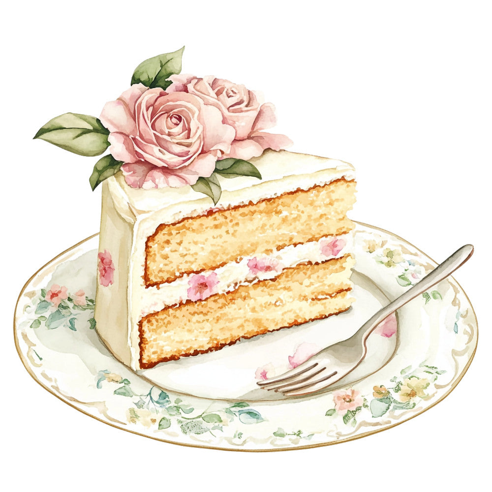 cake slice, pink roses, floral, vintage, elegant, cream, gold, botanical, dessert, garden roses, tea party, romantic, shabby chic, delicate flowers, traditional, blush pink, ivory, soft colors, nature, spring, summer, decorative plate, porcelain inspired, feminine, classic, layered cake, bakery theme, pale green leaves, buttercream frosting