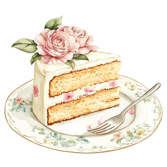 cake slice, pink roses, floral, vintage, elegant, cream, gold, botanical, dessert, garden roses, tea party, romantic, shabby chic, delicate flowers, traditional, blush pink, ivory, soft colors, nature, spring, summer, decorative plate, porcelain inspired, feminine, classic, layered cake, bakery theme, pale green leaves, buttercream frosting