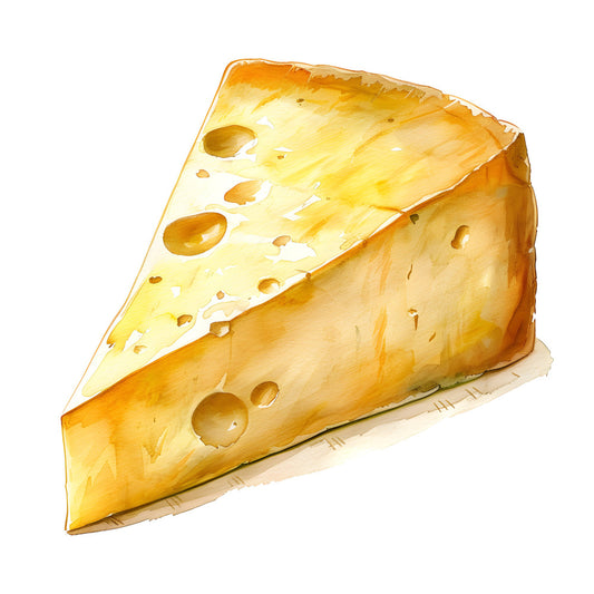 cheese, swiss cheese, emmental, food, kitchen, farmhouse, rustic, yellow, golden yellow, cream, tan, beige, holes, holey cheese, realistic, detailed, food print, culinary, gourmet, country, cottage, traditional, whimsical, novelty, food themed, kitchen decor, chef themed, cooking themed