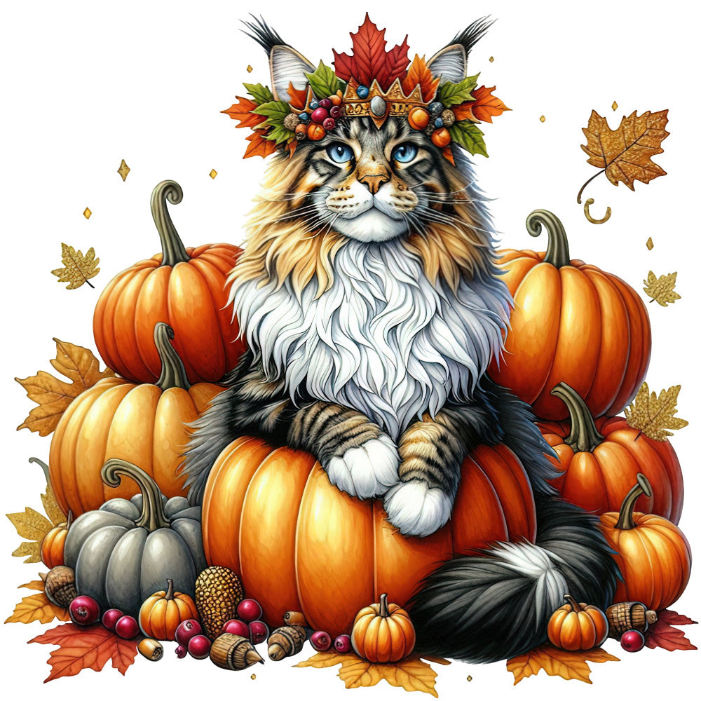 autumn cat, fall harvest, pumpkin, orange pumpkin, cream, burnt orange, deep red, golden yellow, forest green, tabby cat, cat face, animal portrait, nature, seasonal, halloween, thanksgiving, whimsical, folkloric, decorative, harvest theme, fall leaves, maple leaf, acorns, berries, crown, ornamental, rustic charm, festive, cozy, warm tones