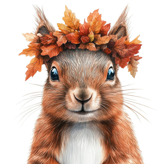 autumn squirrel, fall leaves, orange, rust, burnt orange, cream, white, charcoal gray, woodland animals, nature, whimsical, cute animals, forest creatures, seasonal, autumn, fall, rustic, children's fabric, baby quilt, wall hanging, animal portrait, leaf crown, decorative panel, festive, harvest, cozy, playful style, woodland theme, creature feature