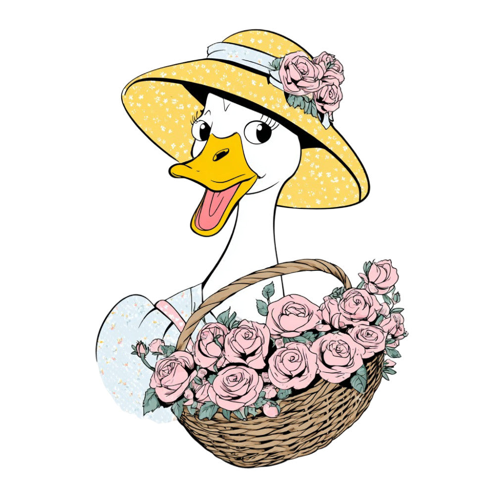 duck, goose, bird, yellow, dusty rose, pink, white, cream, floral, roses, flowers, basket, straw basket, woven basket, hat, sun hat, straw hat, spring, summer, garden, whimsical, cheerful, cute, playful, cottage core, farmhouse, animal theme, nature inspired, vintage style, country