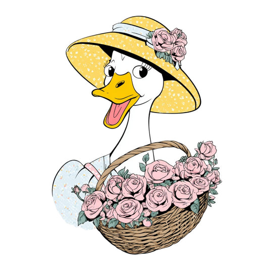 duck, goose, bird, yellow, dusty rose, pink, white, cream, floral, roses, flowers, basket, straw basket, woven basket, hat, sun hat, straw hat, spring, summer, garden, whimsical, cheerful, cute, playful, cottage core, farmhouse, animal theme, nature inspired, vintage style, country