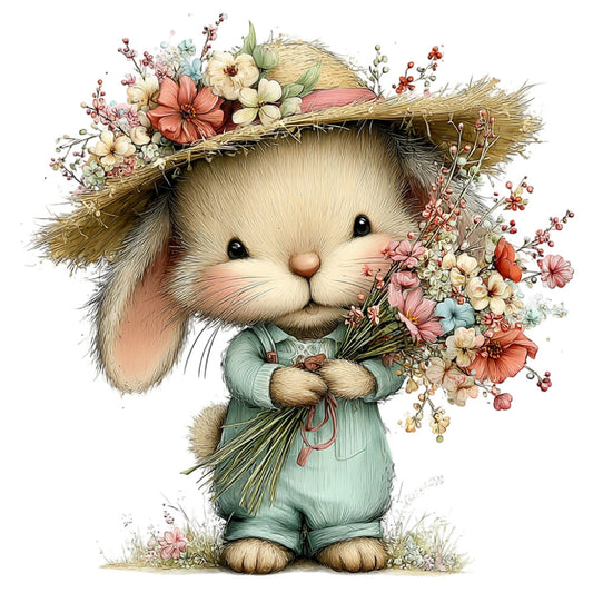 cute bunny, rabbit, straw hat, flowers, floral, spring, pastel colors, sage green, cream, blush pink, coral pink, vintage, whimsical, animal, nature, garden, Easter, children's, baby, adorable, cottage core, rustic, botanical, wildflowers, folk art, storybook, illustrated, soft colors, gentle, charming