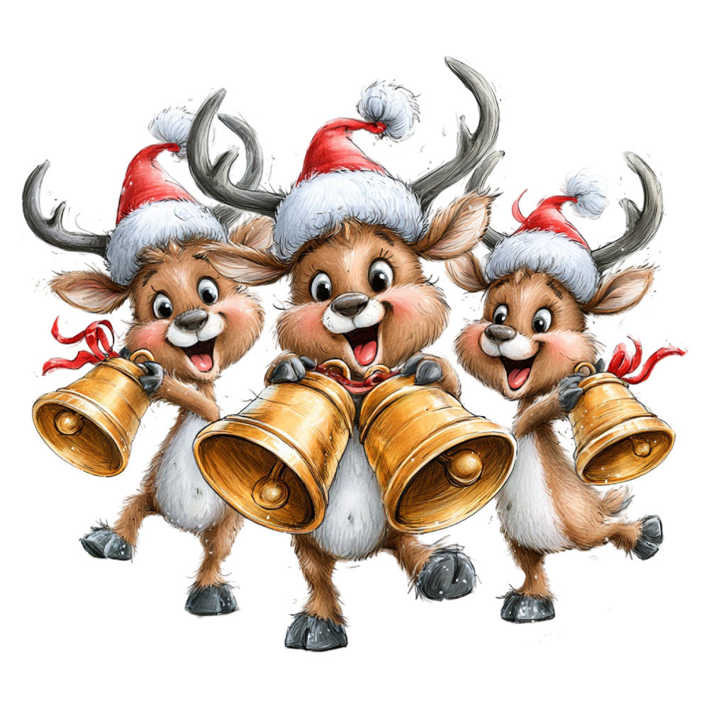 christmas, holiday, reindeer, festive, red and white, gold bells, winter, jingle bells, santa hat, whimsical, cute animals, jolly, cheerful, brown and cream, metallic gold, children's, playful, traditional christmas, seasonal decor, wall hanging, baby quilt, panel print, decorative, festive cheer, holiday spirit, cartoon style, animated characters