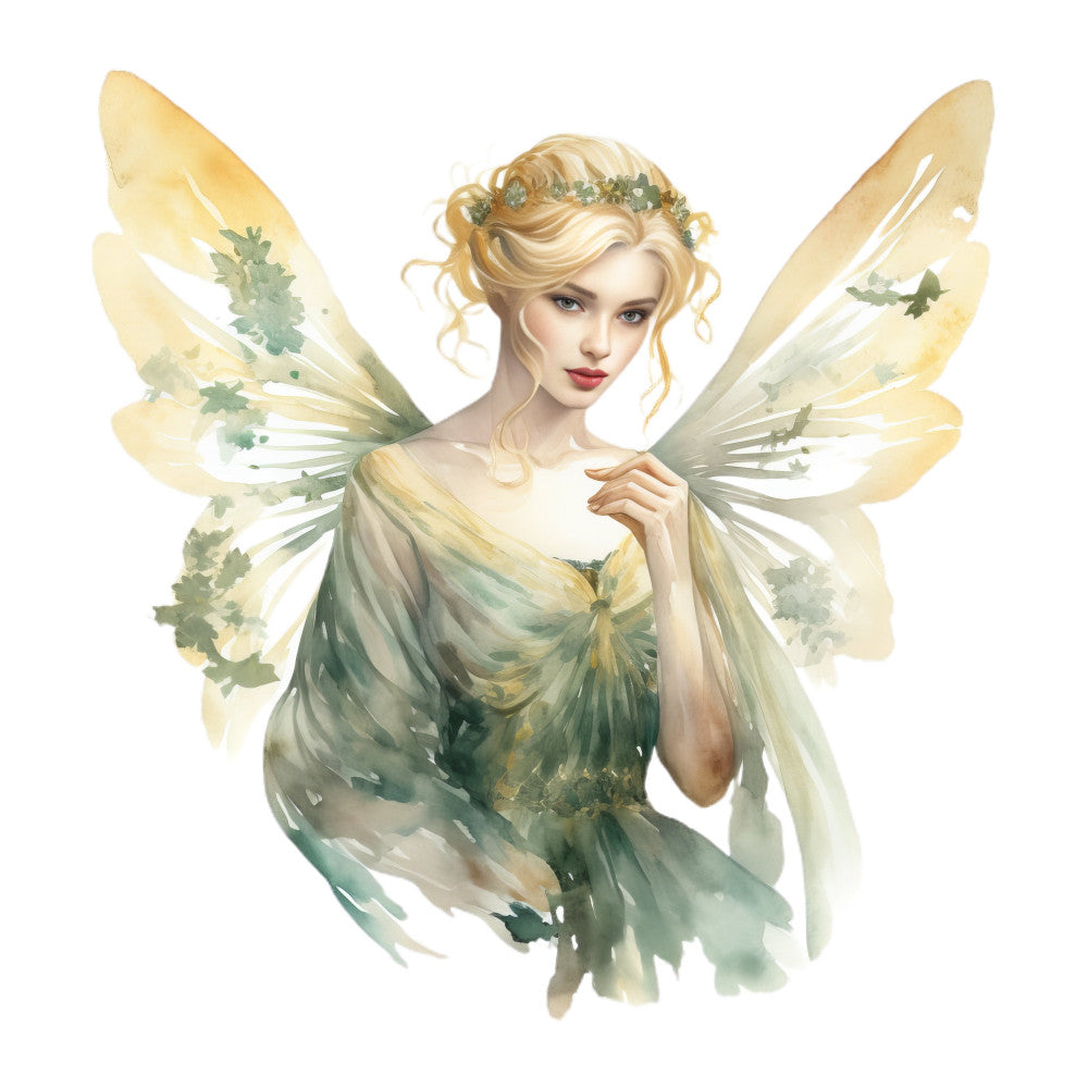 fairy, fairy wings, fantasy, magical, whimsical, ethereal, cream, pale yellow, soft green, sage green, nature, garden, botanical, floral, delicate, elegant, romantic, spring, summer, enchanted, celestial, dreamy, illustration, portrait, feminine, graceful, wings, flower crown, pastel colors, soft colors