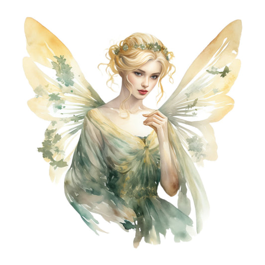 fairy, fairy wings, fantasy, magical, whimsical, ethereal, cream, pale yellow, soft green, sage green, nature, garden, botanical, floral, delicate, elegant, romantic, spring, summer, enchanted, celestial, dreamy, illustration, portrait, feminine, graceful, wings, flower crown, pastel colors, soft colors