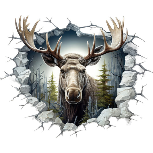 moose, antlers, breaking through, cracked wall, wildlife, forest scene, evergreen trees, brown, gray, white, realistic art, 3d effect, fabric panel, nature theme, wilderness, majestic animal, detailed illustration, outdoor scene, pine trees, rocky texture