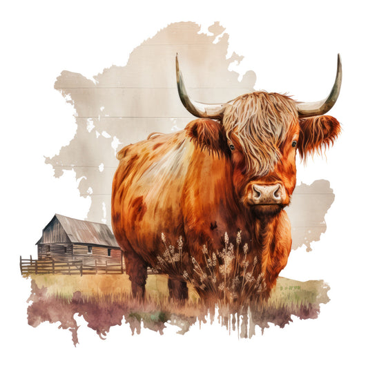 Watercolor Highland Cows Fabric Panel 2 features a detailed painting of a reddish-brown highland cow in a rustic farm setting.