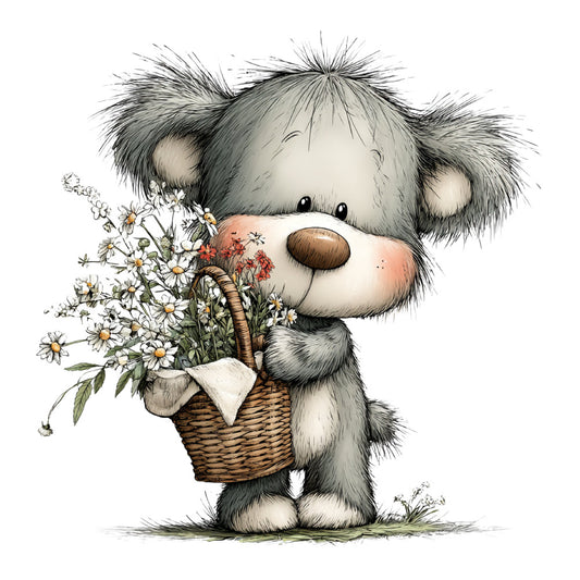 cute bear, teddy bear, fluffy animal, gray fur, white fur, brown nose, daisies, wildflowers, floral basket, spring flowers, nature theme, whimsical style, children's design, baby quilt, nursery decor, gentle illustration, soft colors, cream, soft gray, tan basket, adorable, storybook style, woven basket, flower bouquet, sweet design, kids fabric, charming, pastoral, innocent theme, springtime