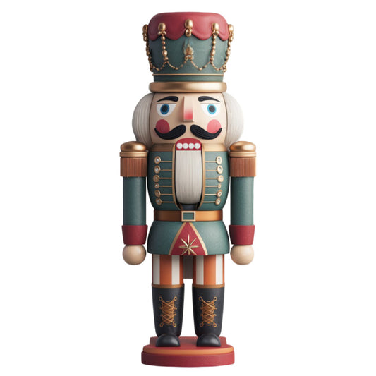 nutcracker, christmas, holiday, vintage, traditional, whimsical, soldier, royal, regal, crown, red, green, gold, cream, white, mustache, formal, elegant, festive, seasonal, decorative, character, toy soldier, winter, classic, detailed, ornate, geometric buttons, striped pants
