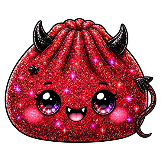 red glitter, sparkle, shiny, cute character, kawaii, big eyes, smiling face, demon horns, devil horns, stars, whimsical, playful, fantasy, magical, children's, kids, bright red, fuchsia accents, glittery texture, novelty print, character panel, animated, fun, colorful eyes, purple gradient, festive, bold, eye-catching, dimensional