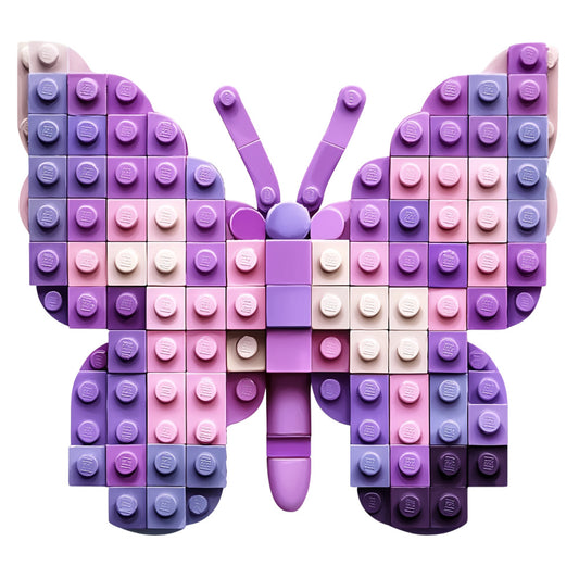 purple, lavender, pink, white, building blocks, butterfly, lego style, geometric pattern, pixelated design, fabric panel, quilting cotton, children's fabric, toy blocks, pastel colors, craft fabric, sewing material, gradient shading, symmetrical design, playful motif, nursery fabric
