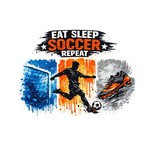 soccer, sports, eat sleep repeat, orange, blue, black, white, gray, athletic, youth sports, soccer player, goal net, soccer ball, soccer cleats, sports themed, motivational, modern, grunge, watercolor, splatter paint, action, dynamic, teen, kids sports, gift, sports fan, competitive, team spirit, drip effect, abstract background