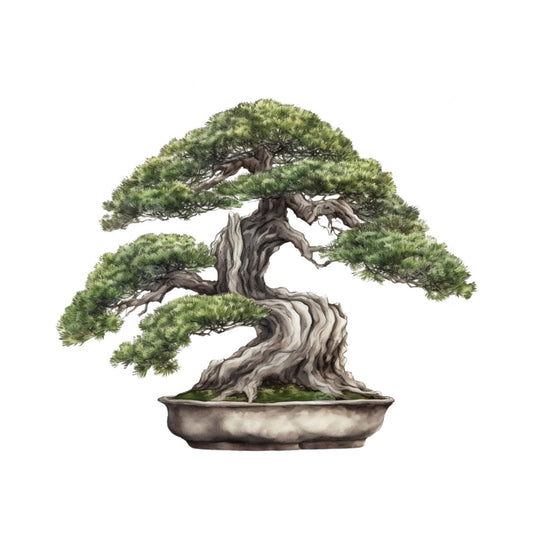 green foliage, brown trunk, twisted branches, bonsai tree, japanese style, ceramic pot, botanical illustration, nature motif, zen garden, miniature tree, white background, earthy tones, fabric panel, quilting cotton, serene mood, organic shapes, detailed artwork, asian inspired, peaceful design, natural elements
