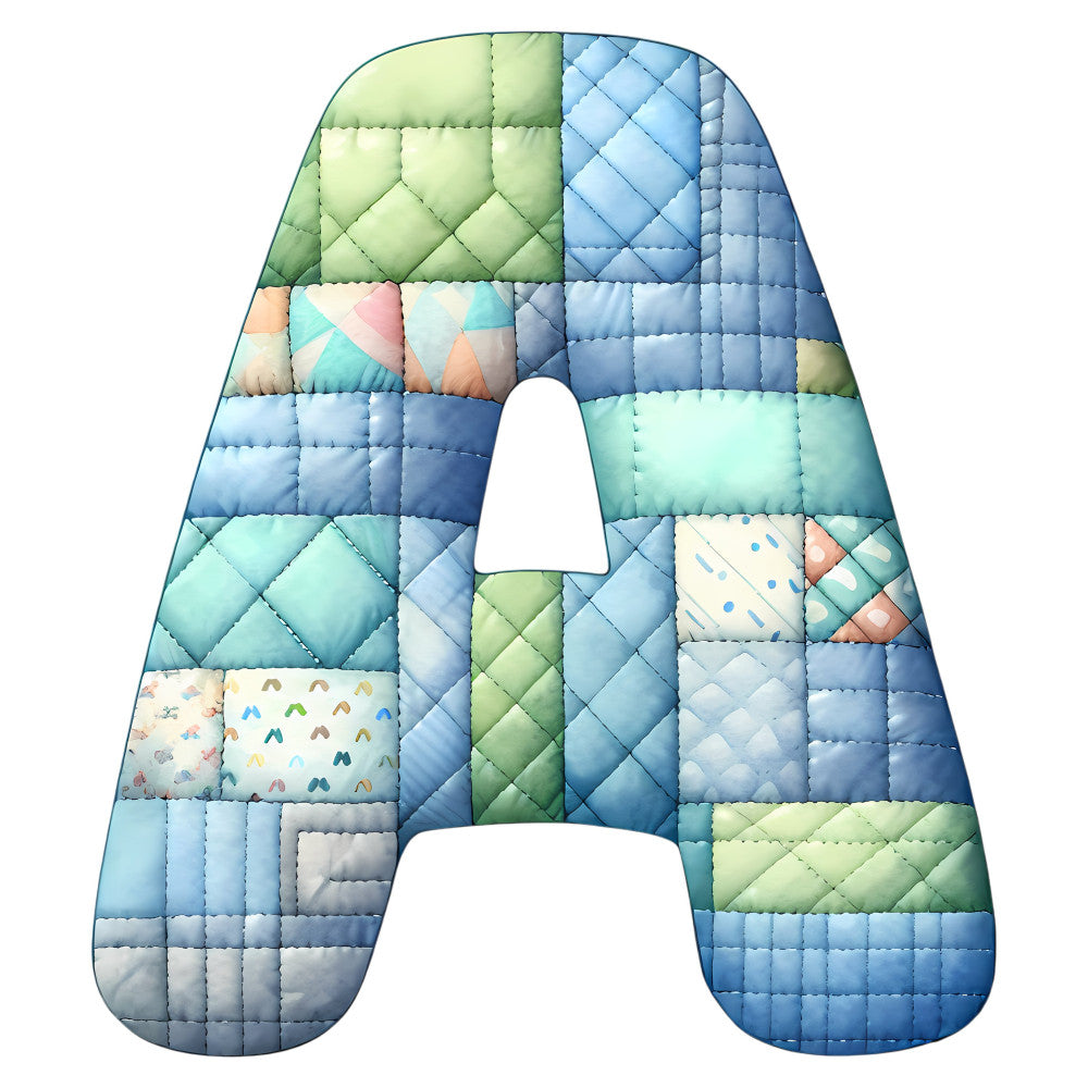 letter a alphabet, quilted patchwork, pastel colors, soft blue, soft green, soft pink, pale yellow, cream, sky blue, seafoam, mint green, sage green, geometric squares, diamond quilting, baby nursery, children's decor, whimsical, playful, soft and gentle, light and airy, modern patchwork, mixed patterns, polka dots, striped accents, pastel patchwork, baby quilt, nursery wall hanging, gender neutral, sweet and soft