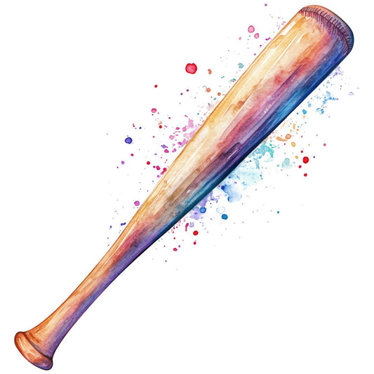 baseball bat, sports, watercolor, abstract, splatter, paint splatter, rainbow, multi-color, warm tones, cool tones, gold, orange, red, purple, blue, pink, magenta, artistic, modern, whimsical, dynamic, energetic, boy themed, sports decor, athletic, gradient, ombre, colorful, vibrant, statement piece