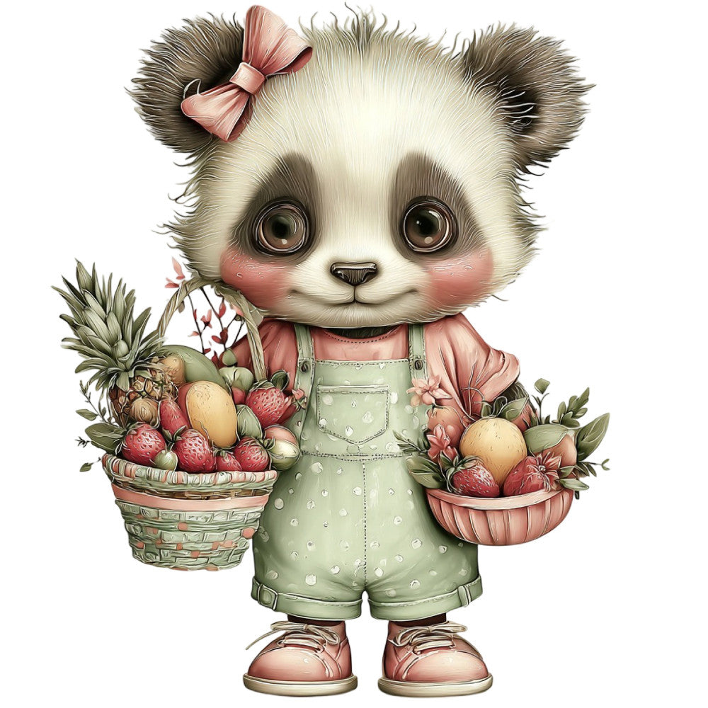 cute panda, whimsical animals, soft pastels, sage green, dusty rose, coral pink, cream, woodland creatures, nature themed, spring, summer, baby quilt, nursery, children's fabric, animal motifs, fruit baskets, strawberries, pineapple, flowers, floral elements, adorable characters, gentle style, soft colors, playful design, girl themed, sweet illustration, decorative panel, wall hanging, storybook style, vintage inspired
