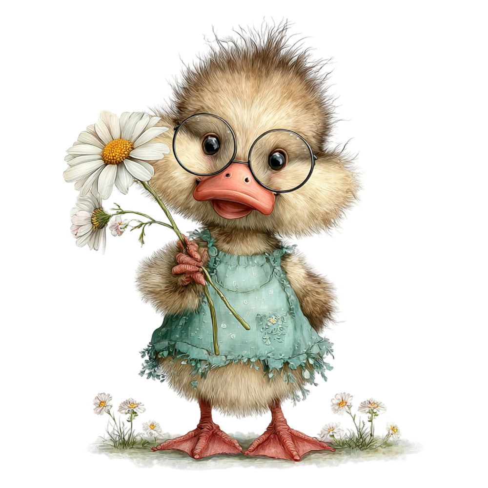 cute duck, whimsical duck, duck with glasses, sage green, mint green, coral pink, cream white, daisy flowers, floral animals, woodland creatures, farmhouse style, nursery, children's design, spring theme, summer theme, adorable animals, character print, endearing illustration, vintage inspired, nature motif, daisies, sweet design, baby quilt, wall hanging, decorative print, animal lover, quirky style, playful design, storybook illustration