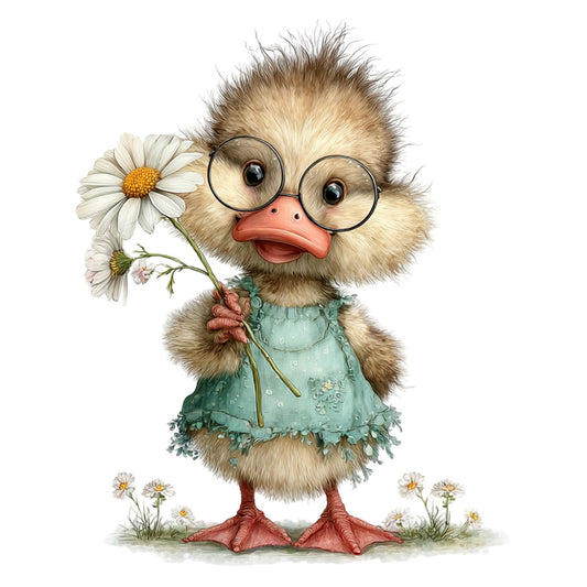 cute duck, whimsical duck, duck with glasses, sage green, mint green, coral pink, cream white, daisy flowers, floral animals, woodland creatures, farmhouse style, nursery, children's design, spring theme, summer theme, adorable animals, character print, endearing illustration, vintage inspired, nature motif, daisies, sweet design, baby quilt, wall hanging, decorative print, animal lover, quirky style, playful design, storybook illustration