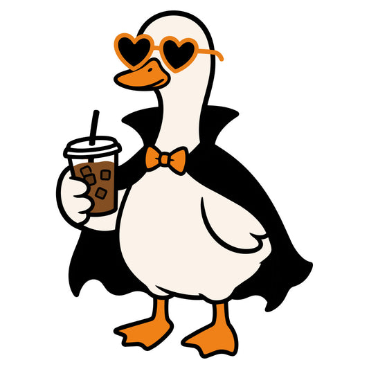 black, cream, orange, heart-shaped sunglasses, duck, penguin, animal, whimsical, fun, playful, cute, bow tie, iced coffee drink, straw, formal wear, cape, stylish, modern, humorous, quirky, novelty, cartoon, character, retro, kitsch, summer, spring, apparel, accessories, wall hanging