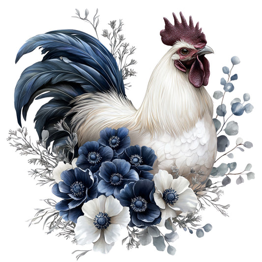 rooster, floral, navy blue, cream white, burgundy red, gray foliage, anemone flowers, fabric panel, watercolor style, farmhouse, botanical, poultry, cock, tail feathers, decorative blooms, quilting cotton, craft panel, country style, rustic charm
