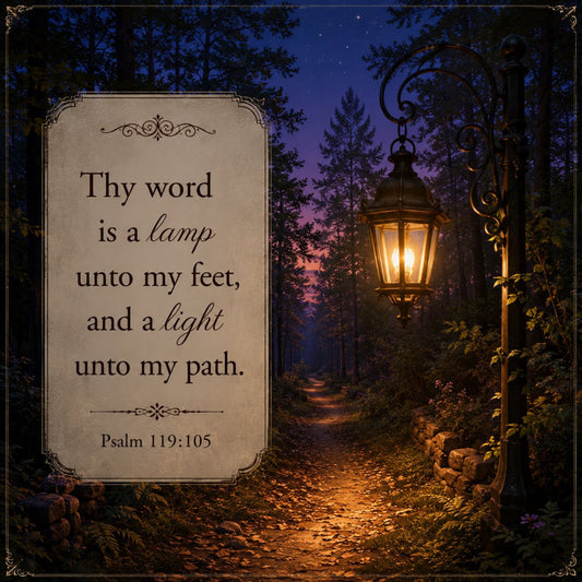 twilight forest, forest path, lantern, spiritual, inspirational quote, scripture, psalm 119, evening sky, nighttime, dark blue, purple, gold, amber, illuminated, nature, woodland, trees, outdoor, rustic, elegant, vintage, traditional, religious, faith-based, celestial, dusk, atmospheric, moody, decorative panel, wall art