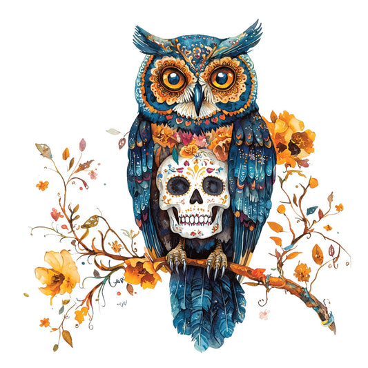 teal blue, navy blue, golden yellow, orange, cream white, floral, skull, owl, day of the dead, dia de los muertos, autumn, fall, sugar skull, ornamental, decorative, whimsical, bohemian, mexican, folk art, botanical, flowers, nature, animals, birds, elegant, artistic, vintage, colorful, detailed, intricate