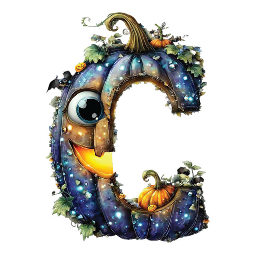halloween, pumpkin, jack-o-lantern, autumn, fall, celestial, starry night, night sky, glowing lights, magical, whimsical, navy blue, deep blue, gold, orange, green, glowing eyes, illuminated, enchanted, festive, seasonal, spooky, bats, vines, leaves, harvest theme, dark blue, mystical, fantasy, decorative panel
