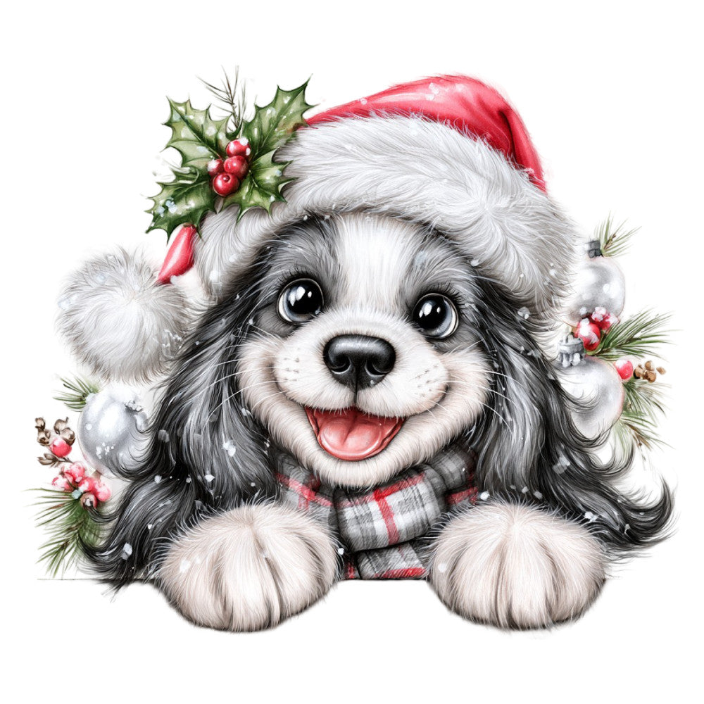 christmas, holiday, dog, puppy, spaniel, cute animals, festive, santa hat, red and white, black and white, gray, cream, plaid scarf, holly, berries, pine needles, winter, jolly, whimsical, cheerful, seasonal, portrait, animal face, shiny ornaments, snow, family friendly, decorative, children's, playful, charming