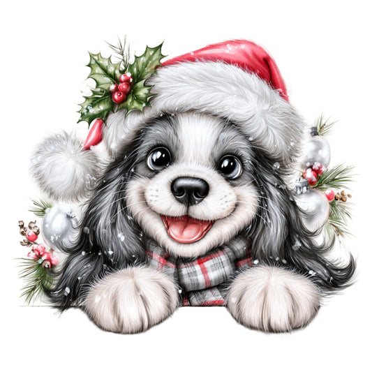 christmas, holiday, dog, puppy, spaniel, cute animals, festive, santa hat, red and white, black and white, gray, cream, plaid scarf, holly, berries, pine needles, winter, jolly, whimsical, cheerful, seasonal, portrait, animal face, shiny ornaments, snow, family friendly, decorative, children's, playful, charming