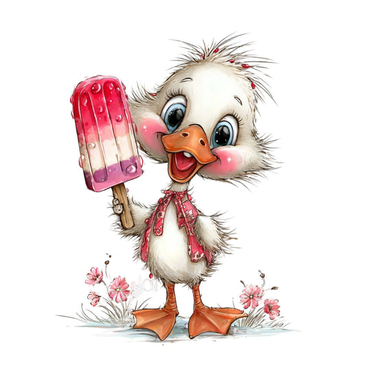 cute duck, pink popsicle, white fluffy, orange beak, coral pink, lavender purple, whimsical, playful, animal, bird, spring, summer, children's, baby, sweet, adorable, ice cream, popsicle, flowers, daisy, pink flowers, character, cartoon, cheerful, lighthearted, nursery, baby quilt, wall hanging, sweet treats