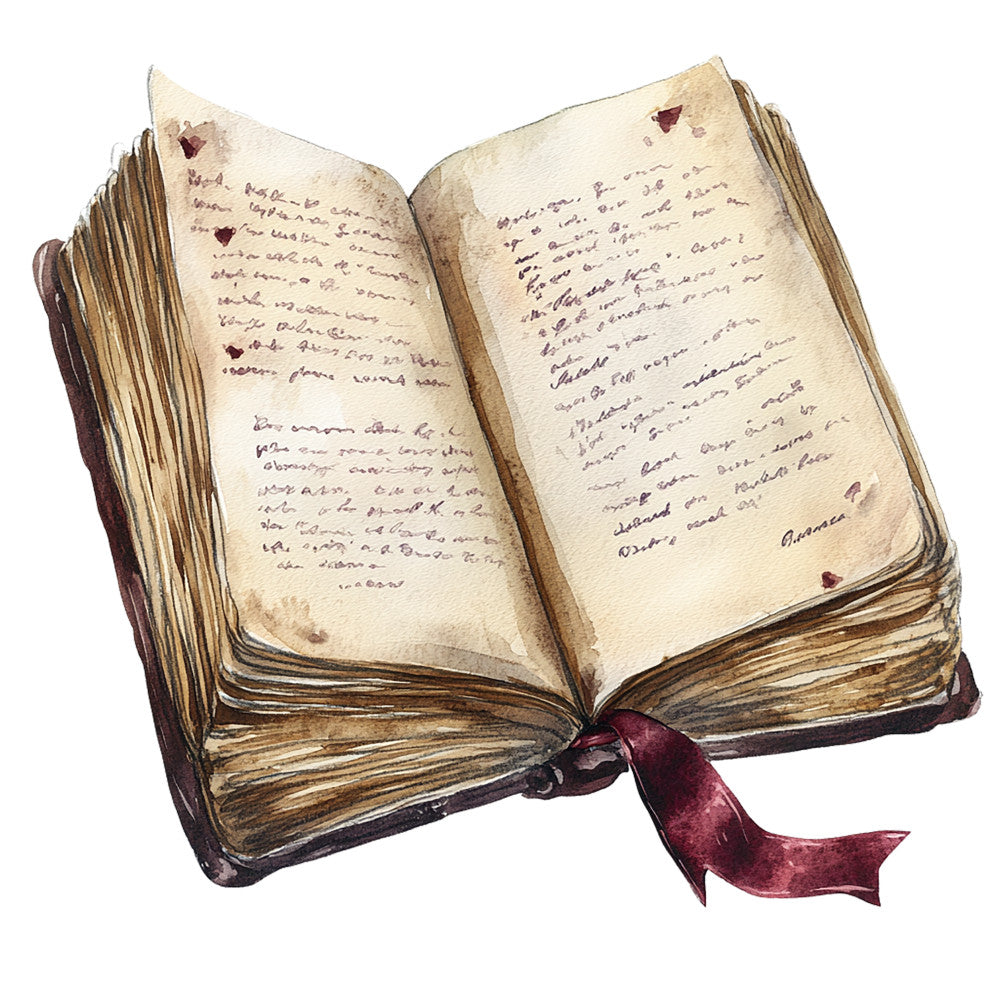 vintage book, aged pages, handwritten text, burgundy ribbon, watercolor illustration, antique journal, worn leather binding, cream pages, sepia tones, gothic romance, old manuscript, fabric panel, quilting cotton, literary theme, victorian style, romantic mood, distressed texture, book lover, dark academia, nostalgic design