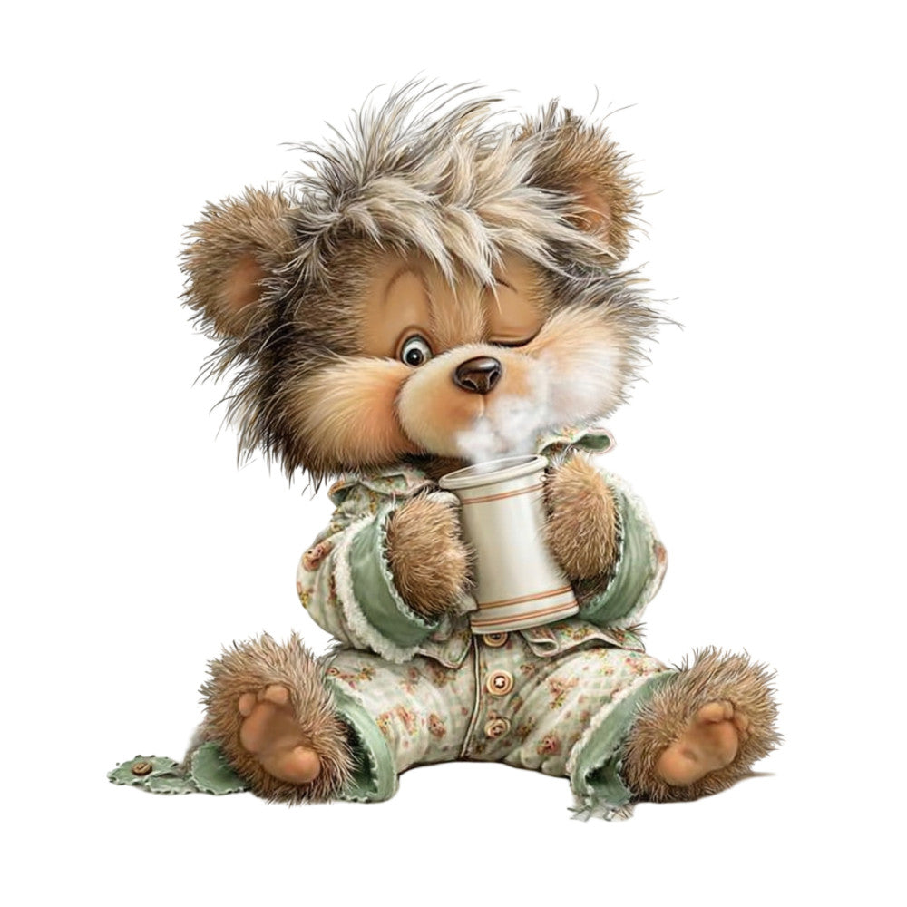 cute teddy bear, whimsical animals, children's fabric, baby quilt, sage green, cream, tan, brown, vintage style, cottage core, floral print, dressed animals, character panel, nursery decor, storybook style, folk art, traditional, soft colors, embroidered details, tea cup, pastoral theme, sweet design, woodland creatures, retro style, kids fabric, wall hanging, decorative panel, charming motif, classic illustration