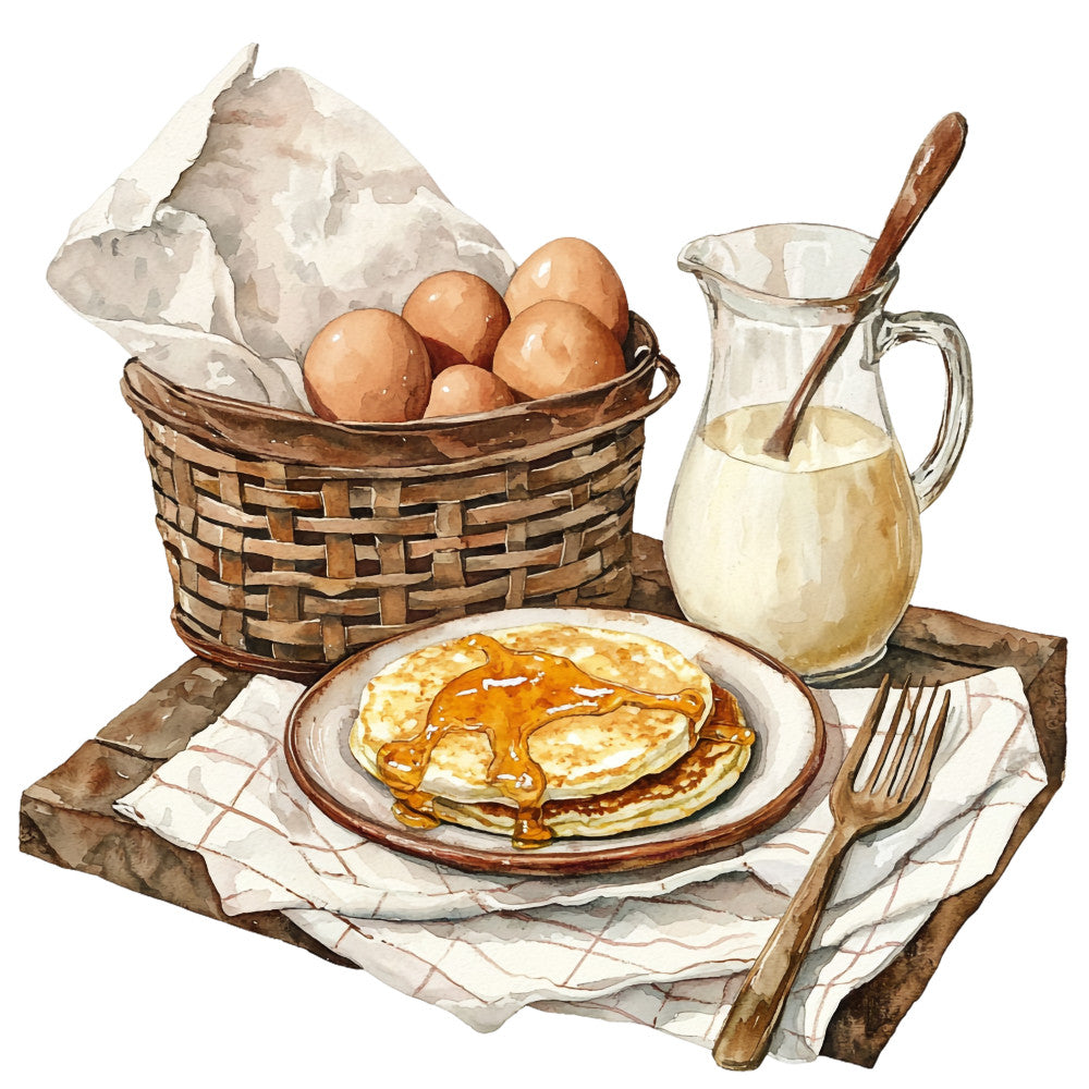 watercolor style, pancakes, breakfast scene, wicker basket, eggs, milk pitcher, wooden spoon, rustic kitchen, cream colors, golden syrup, brown tones, beige hues, country living, morning meal, fabric panel, quilting cotton, kitchen theme, farmhouse style, food illustration, cooking motifs
