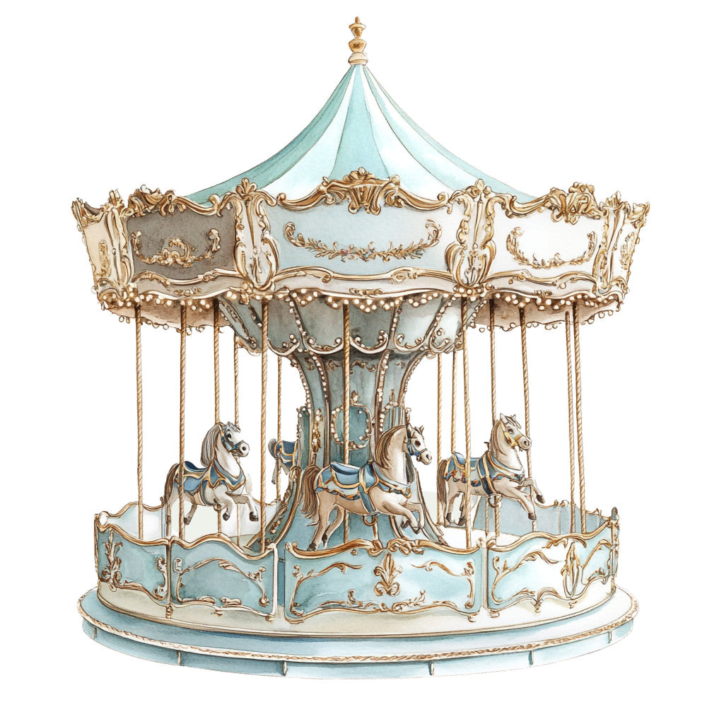 carousel, merry-go-round, horses, vintage amusement, light blue, pale blue, cream, gold accents, ornate, elegant, whimsical, nostalgic, retro, classic, fairground, theme park, children's, nursery, soft colors, pastel, decorative, traditional, ornamental, romantic, timeless, Victorian, nostalgic theme, amusement park, baby, playground