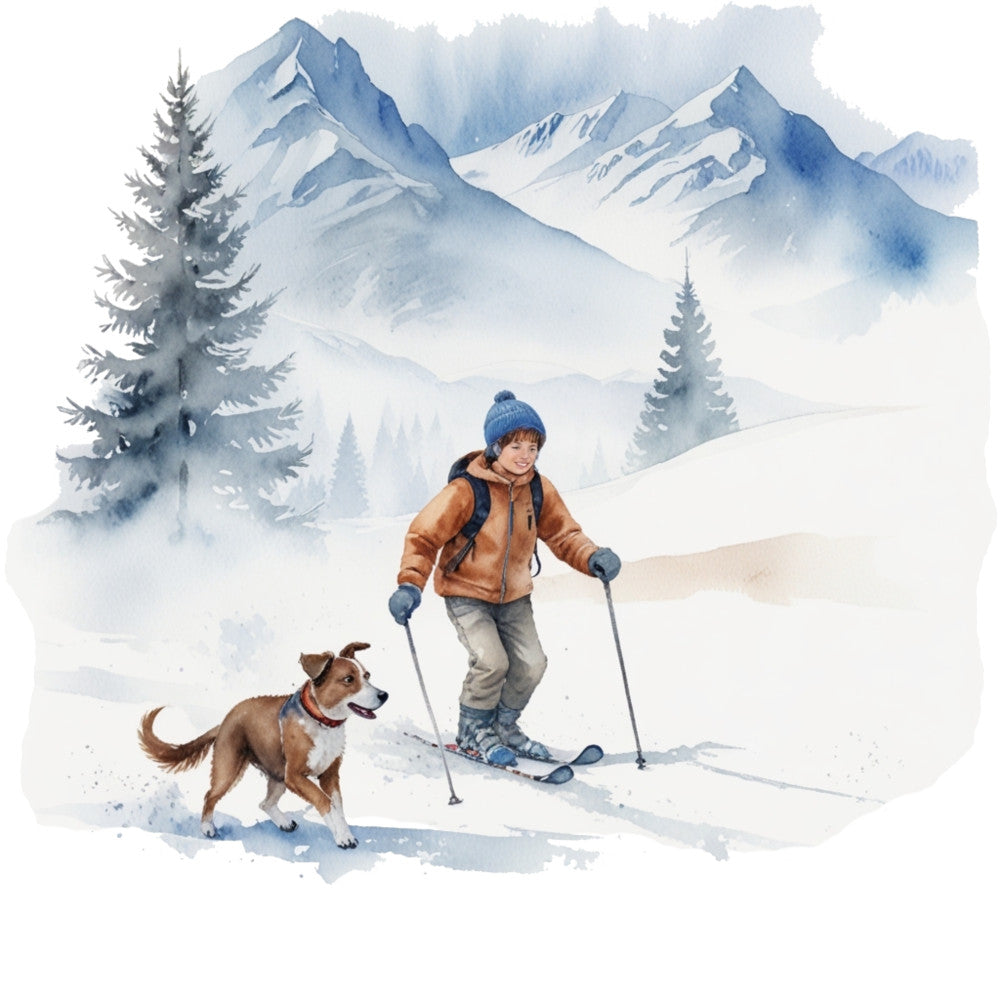 watercolor style, winter scene, skiing, snow-covered mountains, evergreen trees, child skier, brown dog, blue beanie, orange jacket, ski poles, snowy landscape, mountain peaks, pine trees, winter sports, fabric panel, quilting cotton, scenic design, outdoor adventure, cold weather, white snow, blue mountains, winter clothing
