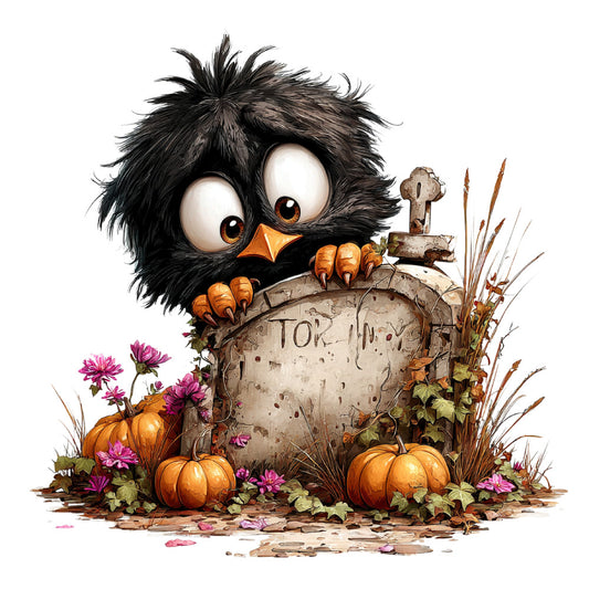 black crow, orange beak, orange feet, big eyes, whimsical, tombstone, cemetery, halloween, autumn, fall, pumpkins, orange pumpkins, pink flowers, magenta flowers, dried grasses, rustic, spooky, gothic, harvest, seasonal, bird, cute animal, folk art, country, farmhouse style, nature themed, october, haunted, gravestone, decorative panel