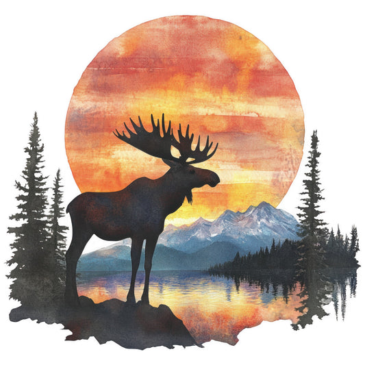moose silhouette, sunset sky, orange watercolor, yellow hues, red tones, evergreen trees, mountain landscape, lake reflection, wildlife scene, nature panel, fabric panel, quilting cotton, wilderness theme, forest silhouettes, dramatic sky, warm colors, outdoor scene, majestic antlers, peaceful lakeside, rustic artwork