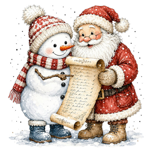 christmas, holiday, santa, snowman, red and white, cream, winter white, snow, festive, vintage christmas, whimsical, nostalgic, traditional, charming, cute characters, seasonal, winter theme, naughty or nice list, folk art style, rustic holiday, cozy, cheerful, decorative panel, children's, classic christmas, red polka dot, pom poms, winter scene