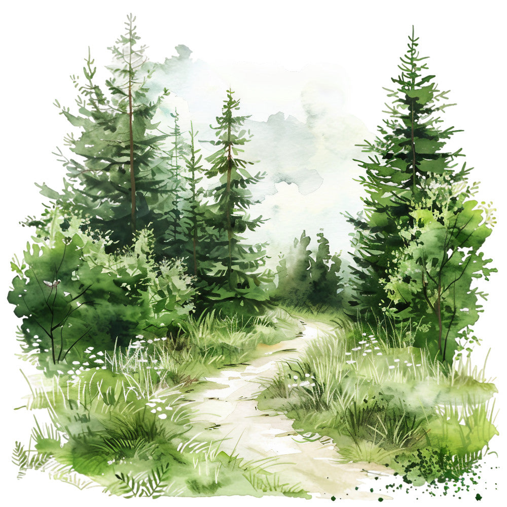 watercolor painting, forest path, evergreen trees, pine trees, nature scene, woodland landscape, green foliage, misty atmosphere, hiking trail, fabric panel, summer forest, botanical design, outdoor scene, natural colors, sage green, forest green, peaceful setting, quilting fabric, nature illustration, serene mood