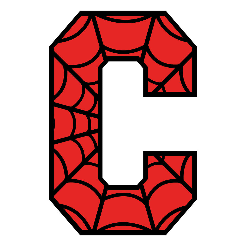 red, black, spider web, letter c, alphabet, superhero theme, comic book style, fabric panel, quilting cotton, geometric pattern, web design, children's fabric, bright colors, bold graphics, novelty print, craft material, sewing panel, cartoon style, primary colors