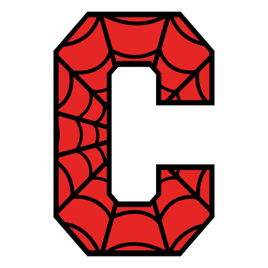 red, black, spider web, letter c, alphabet, superhero theme, comic book style, fabric panel, quilting cotton, geometric pattern, web design, children's fabric, bright colors, bold graphics, novelty print, craft material, sewing panel, cartoon style, primary colors