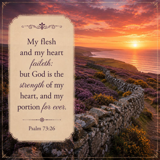 sunset, coastal, scripture, religious, inspirational, gold, orange, purple, heather, landscape, scenic, ocean, cliffs, wildflowers, elegant, traditional, spiritual, faith, psalm, bible verse, typography, quote, nature, seascape, twilight, warm tones, rustic charm, peaceful, meditative, wall hanging
